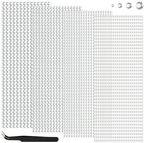 Self Adhesive Bling Clear Rhinestone Stickers, About 3090 Pieces Silver Gems, 3/4/5/6mm Self Adhesive Gems with Tweezers for Make-up, DIY Fingernail Decorations and DIY Handicrafts