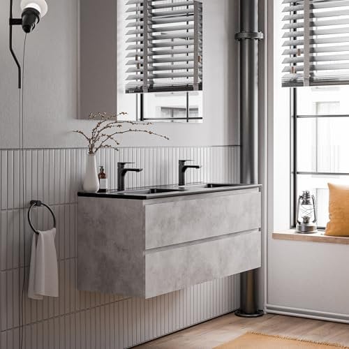 BERNSTEIN - Meuble double vasque suspendu salle de bain MDF Gris béton, lavabos Céramique Noir mat + trous robinets, trop plein & Bondes - 120x46x50cm - AVA