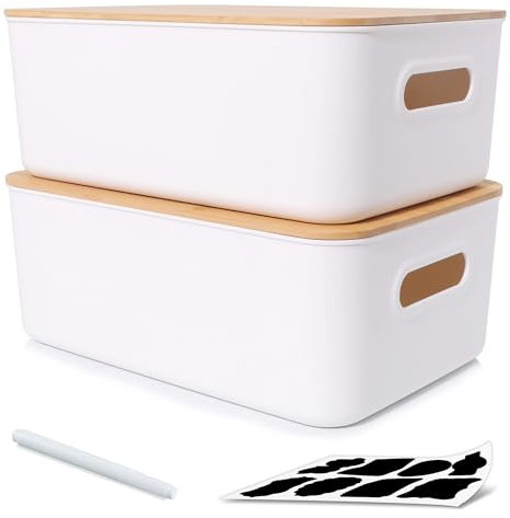 Citylife 2Pack 13L Storage Box with Wood Lid, Plastic Storage Containers for Bathroom, Stackable Organizing Box with Handle for Shelves, Kitchen, White, 38 x 27 x 15 cm