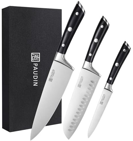 PAUDIN Messerset Küchenmesser Set 3 teiliges profi mit Kochmesser Santoku Messer Allzweckmesser aus Deutscher Hochgekohlter Edelstahl scharfer superhart langlebig Ergonomischer Griff