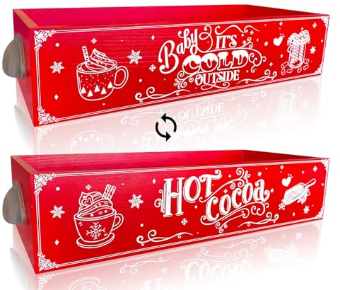 Ushinemi Hot Cocoa Bar Wood Storage Box, Hot Cocoa Bar Supplies Cute Christmas Wooden Storage Bins Decorative, Cocoa Bar Table Organizer Xmas Decor for Home Kitchen Office Farmhouse, Red