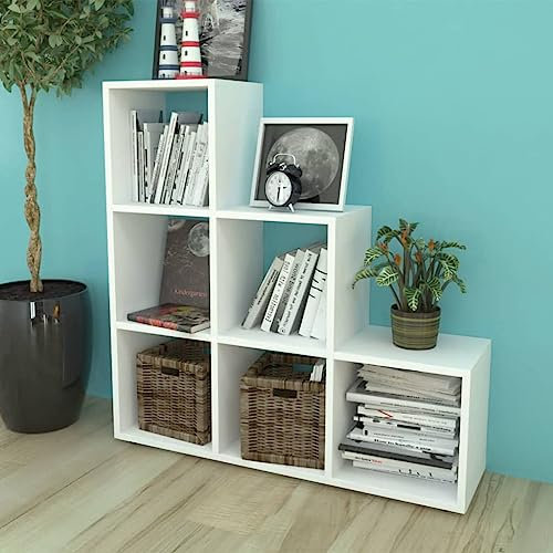 OHOOWOO Estantería librería en Forma de Escalera 107 cm Blanca,Librería Escalera con 6 Compartimentos para Decoración y Almacenamiento Armarios y estanterías