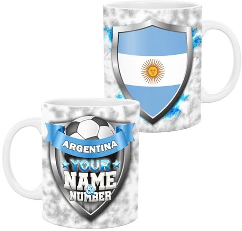 lepni.me Argentina Personalizada 11 oz. Taza de fútbol con Bandera Brasileña Argentina y Su Nombre y Numero | Taza de Cerámica Deportiva para Café y Té | Regalo personalizado para Fans