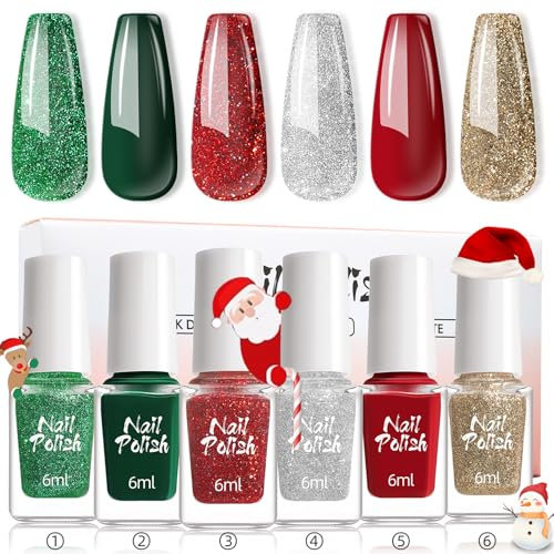 Christmas Nail Polish Set,6pcs Christmas Nail Varnish,Quick Dry Glitter Nail Polish Christmas,Weak Smell Red Green Gold Silver Glitter Nail Polish,Nude Red&Green Nail Polish (Christmas Red, 1)