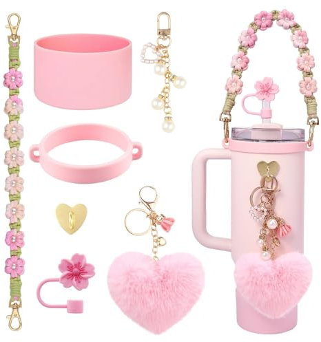 TTPSRY 7 Piezas Botella Agua Térmica Acero Inoxidable Pajita Reutilizable Correa Floral Decorativa Corazón Peluche Llavero Perla Accesorios Termo