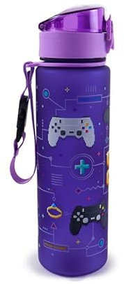 Puckator Game Over Pop Top 600ml Shatterproof Bottle - Reusable Insulated Active Water Bottle Flask For Girls And Boys With A Carry Handle & Straw - Bpa Free - For School Nursery