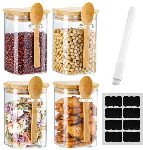 Dyserbuy 4 Pack Glass Jars with Lids, 530ml Glass Storage Jar with Spoons, Mason Overnight Oats Jars for Coffee, Tea, Sugar, Spice and Salt