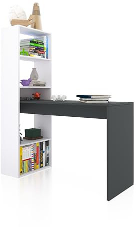 duehome | Escritorio Juvenil con Estanteria Reversible, Mesa de Ordenador, Modelo Cosmic, Acabado en Blanco Artik y Gris Antracita, Medidas: 120 cm (Largo) x 53 cm (Ancho) x 144 cm (Alto)