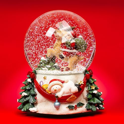 SIKORA SK36 Große Glas Deko Schneekugel Weihnachtsmann mit Rentier D:100mm und aufziehbarer Spieldose