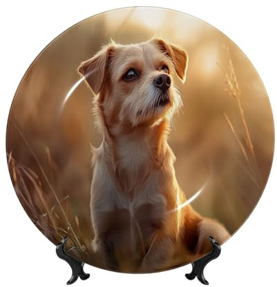 Plato decorativo de porcelana china con diseño de perro pequeño de pie en la hierba bajo la puesta de sol, decoración de lujo para el hogar, estilo vintage, estética moderna, patrones únicos, ideal