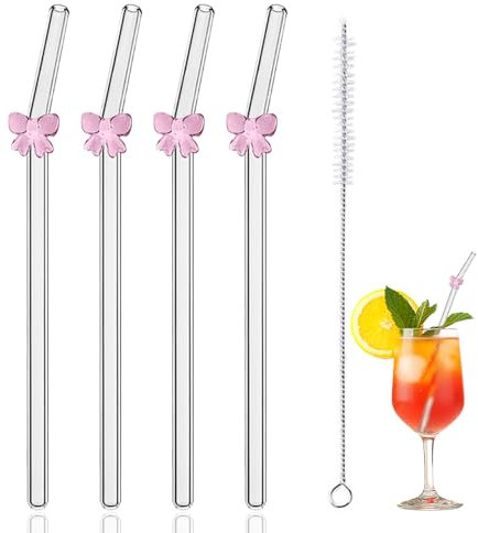 5Pcs Glass Straws Drinking,Pink Bow Clear Bent Straw,Cute Bows Reusable Glasses Pipes,with Container Cleaning Brush,Cocktail Cups Butterfly Straws,for Smoothie Milkshake Fruit Lemon Water Juice Coffee