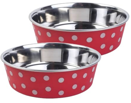 Zoon Set of 2 Dog Food Bowls Pet Dish Red Polka Dot 21cm Durable Stainless Steel Non Slip