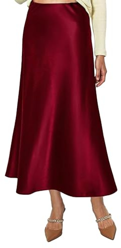 Vossmi Gonna Raso Lunga da Donna Vita Alta Elegante Elastico Gonna Satin Casual Midi Gonne A Linea Ufficio Seta Pieghe Skirt a Mezza Autunno