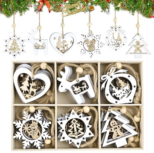 Kuvarix 18 Stück Weihnachtsbaumschmuck Holz, 6 Verschiedene Weihnachtsanhänger Holz mit Box und Aufhängeschnur, Holzanhänger Weihnachten zum Dekorieren von Weihnachtsbäumen und Kränzen