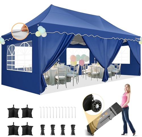 HOTEEL 3x6 Pop Up Pavillon Wasserdicht Stabil mit 6 Abnehmbaren SeitenwäNden, Wellensaumdach Uv Anti 50+ mit Radtasche und 4 SandsäCken Faltpavillon, füR Hochzeit Party Picknick Markt(Dunkelblau)