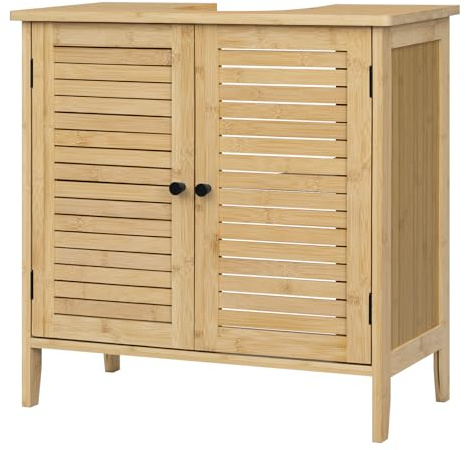 EUGAD Mobile Da Bagno In Bambù, Base Con Ritaglio Per Sifone 20x23 cm, Armadio Indipendente Con Ante a Griglia e Ripiano Regolabile, 60x30x60 cm