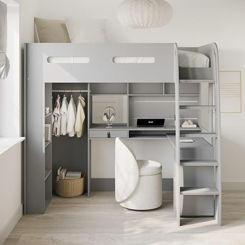 Luvon High Sleeper Loft Bed with Desk, Wardrobe and Storage Shelves, Grey and White, Single, Wooden, Space Saving, Modern (GREY)
