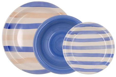 Quid Vajilla de loza Creta 18 piezas para 6 personas | Azul, diseño redondo, acabado decorado, pintada a mano, apilable, apta para microondas