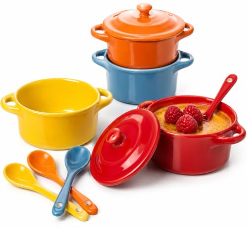 Mispudin 4 Mini Cocotte Individuelle, 175ml Ramequins en Porcelaine | 10x5cm Cassolette Individuelle Four avec Couvercle, Poignées, Cuillère pour Soufflé, Crème Brûlée (Rouge, Bleu, Jaune,Orange)