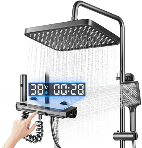 Koeutoze Shower Head and Hose Set, Shower System with LED, Shower Head rain Shower 27X17.5cm, Additional Nozzle and Faucet, Adjustable Shower Column with Mood Light, Height Adjustable 69-103cm (Gray)