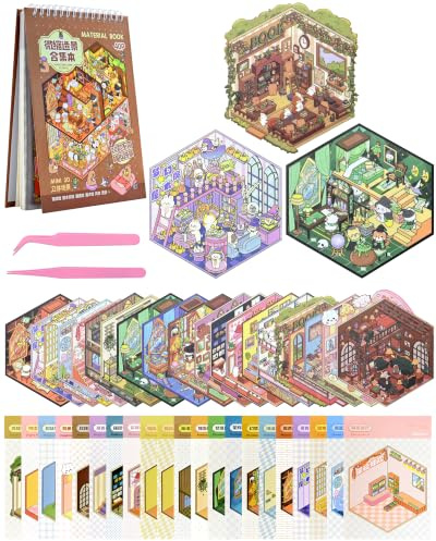 Meafeng 20 Stück 3D Stickerbuch Erwachsene Sticker Szenen, 3D Scene Sticker Therapy Miniatur House Room mit 2 Pinzetten, DIY Haus Aufkleber Stickers für Mädchen Junge