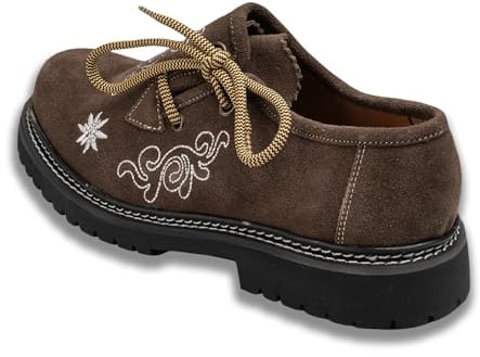 German Wear Damen Trachten Haferlschuhe aus Wildleder – Traditionelle Trachtenschuhe mit Edelweiß-Stickerei & weichem Ziegenleder-Futter – Bequem & hochwertig für Dirndl & Volksfest Dunkelbraun - 38