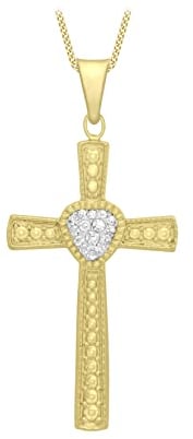 CARISSIMA Women's 9ct Yellow Gold Cubic Zirconia Patterned Cross Pendant on Curb Chain Necklace of 46cm/18