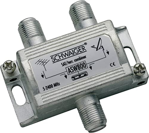 Schwaiger GmbH -ASW800 531- Einschleusweiche/Zusammenschaltung von SAT-ZF und terrestrischem Signal/Terrestrik und SAT/ 2X F-Buchse Eingang > 1x F-Buchse Ausgang/Silber