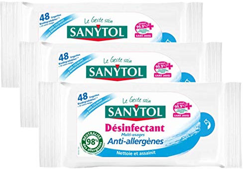 Sanytol - Lingettes Désinfectantes Multi-Usages - Anti-Allergène - x72 - Lot de 3 - Bactéricide, Virucide, Fongicide - Sans Javel, Fabrication Française, 100% Fibres d’Origine Végétale