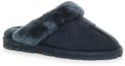 AJVANI Womens ladies flat winter faux sheepskin fur lined slip on memory foam mules slippers size