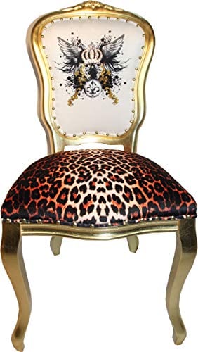 Casa Padrino Pompöös by Luxus Barock Esszimmer Stuhl Leopard/Weiß/Gold Glitzerkrone & Engelsflügel - Pompööser Barock Stuhl Designed by Harald Glööckler