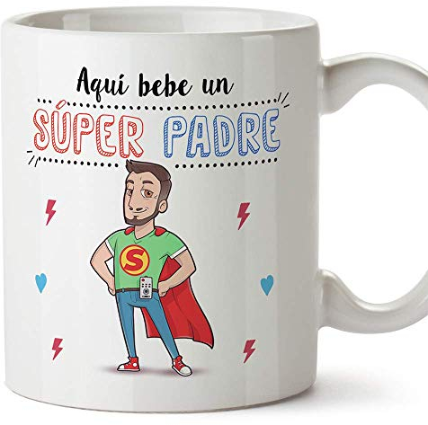 MUGFFINS Taza Papá - Aquí Bebe un Super Padre - Taza Desayuno/Idea Regalo Día del Padre. Cerámica 350 mL