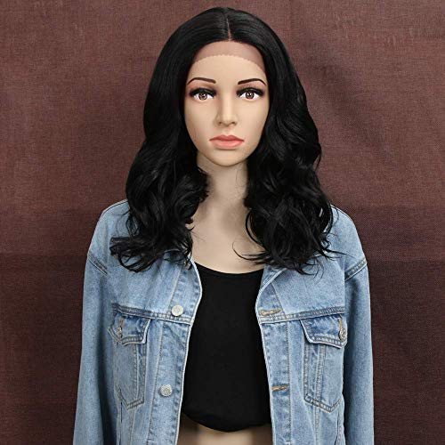 Style Icon Perücke mit Filmansatz 44cm Lace Front Wigs Curly Wellige Perücken für Frauen Mittelscheitel Kunstfaser synthetische Faser 130% Dichte (Schwarz)
