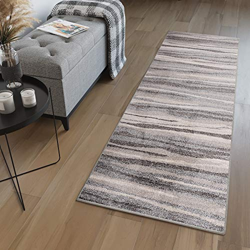 TAPISO Sari Teppich Läufer Flur Grau Beige Kurzflor Modern Streifen Meterware Brücke nach Maß Küche Wohnzimmer Schlafzimmer ÖKOTEX 80 x 170 cm