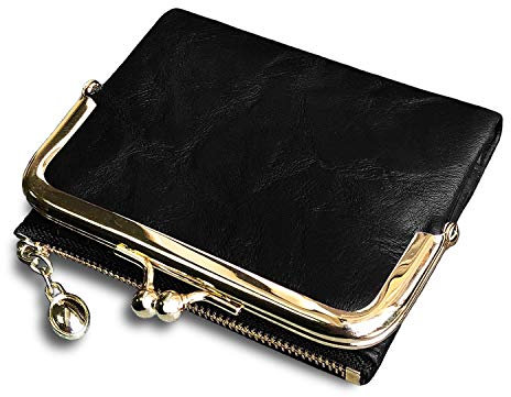 Pofee Damen-börse, RFID, klein, kompakt, doppelt gefaltet, Leder, Vintage, Münzbörse mit ReiÃŸverschluss und Kussschloss - Schwarz - Small