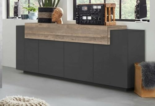 Dmora - Buffet Loris, Buffet de Cuisine 4 Portes, Buffet de Salon, 100% Made in Italy, 220x45h86 cm, Anthracite et Érable