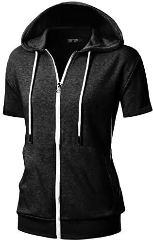 GIVON Womens Slim Fit Zip Up Hoodie Short Sleeve Thin Jacket Full Zip Sweatshirt with Plus Size, Dcf207-charcoal, Large