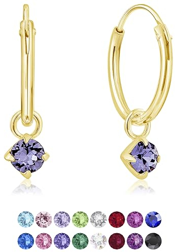DTPsilver® KLEINE Creolen Ohrringe 925 Sterling Silber Gelb Vergoldet mit 3 mm Baumelnde Swarovski® Elements Kristall - Mädchen - Dicke 1.2 mm - Durchmesser 12 mm - Farbe : Tansanit