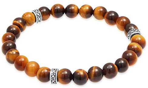 Kuzzoi Buddha Herren Naturstein Armband, elastisches Edelstein Armband aus Tigerauge Perlen (8 mm), Armband mit Silber Beads aus 925 Sterling Silber oxidiert, Yoga Männer Armband, Länge 21 cm