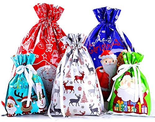 12 Stück Weihnachtssäcke Groß,5 Design Folie Einfarbig Geschenkbeutel mit Kordelzug für Weihnachten,Wiederverwendbare Geschenktüten für Süßigkeiten Kekse Geschenke Weihnachten,Geburtstag Party