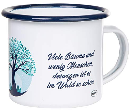 MUGSY Emaille Tasse, Baum-Motiv & Wald-Spruch, 300ml, bruchfest & leicht, Camping Becher
