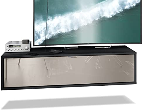 Vladon TV Board Lana 120 Hängeschrank Lowboard 120 x 29 x 37 cm, Made in Germany, Korpus in Schwarz matt, Fronten in Sandgrau Hochglanz | Große Farbauswahl