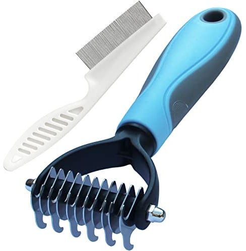 Flea Comb Set - Small, Blue - Double Sided Shedding & Dematting Undercoat Rake Comb for Dogs & Cats