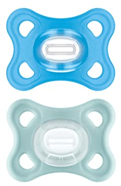 MAM Comfort Schnuller im 2er-Set, 100% Silikon, mit Aufbewahrungstasche, 2-6 Monate, blau und grau-grün
