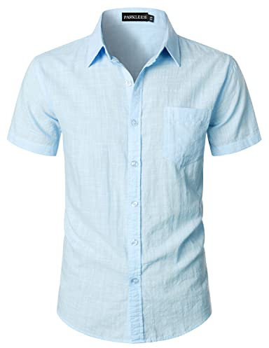 PARKLEES Camicia da uomo aderente in cotone e lino, casual, a maniche corte, con bottoni, leggera, da spiaggia, con tasca, blu cielo, S