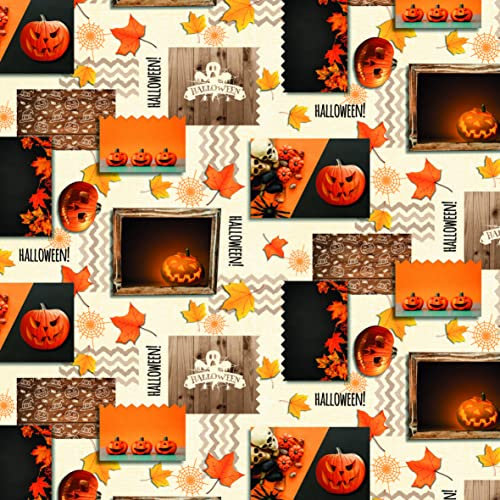 DESIGNERS247 Halloween Tablecloth Black Orange Plastic PVC Vinyl Oilcloth Wipe Clean Black Off White Skulls Spider Web Cobwebs Pumpkin Halloween Party Table Cloth Width 140cm - Sold by metre