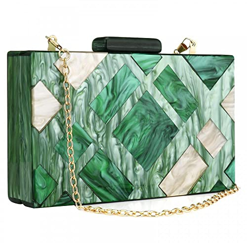 Gelory Pochette da donna in acrilico da sera con catena verde motivo geometrico borsa per festa di nozze, Verde