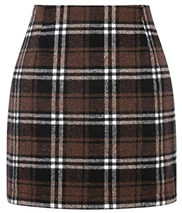 Minetom Femme Plaid Jupe Moulante Tartan Mini Crayon Bodycon Taille Haute Court Business Droite A Marron Foncé M