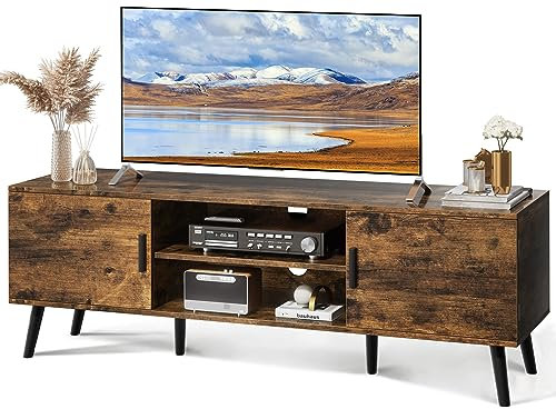 SUPERJARE TV Stand for 55 Inch TV, Entertainment Center with Adjustable Shelf, 2 Cabinets, TV Console Table, Media Console, Solid Wood Feet, Cord Holes, for Living Room, Bedroom, Rustic Brown