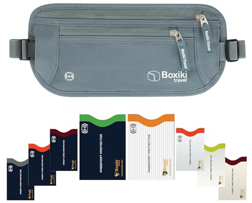 Cinturón Gris para Dinero Boxiki Travel + 8 Fundas RFID (3 Fundas para Tarjetas de crédito y 1 para Pasaporte en Azul Marino y 3 Fundas para Tarjetas de crédito y 1 para Pasaporte en Blanco)